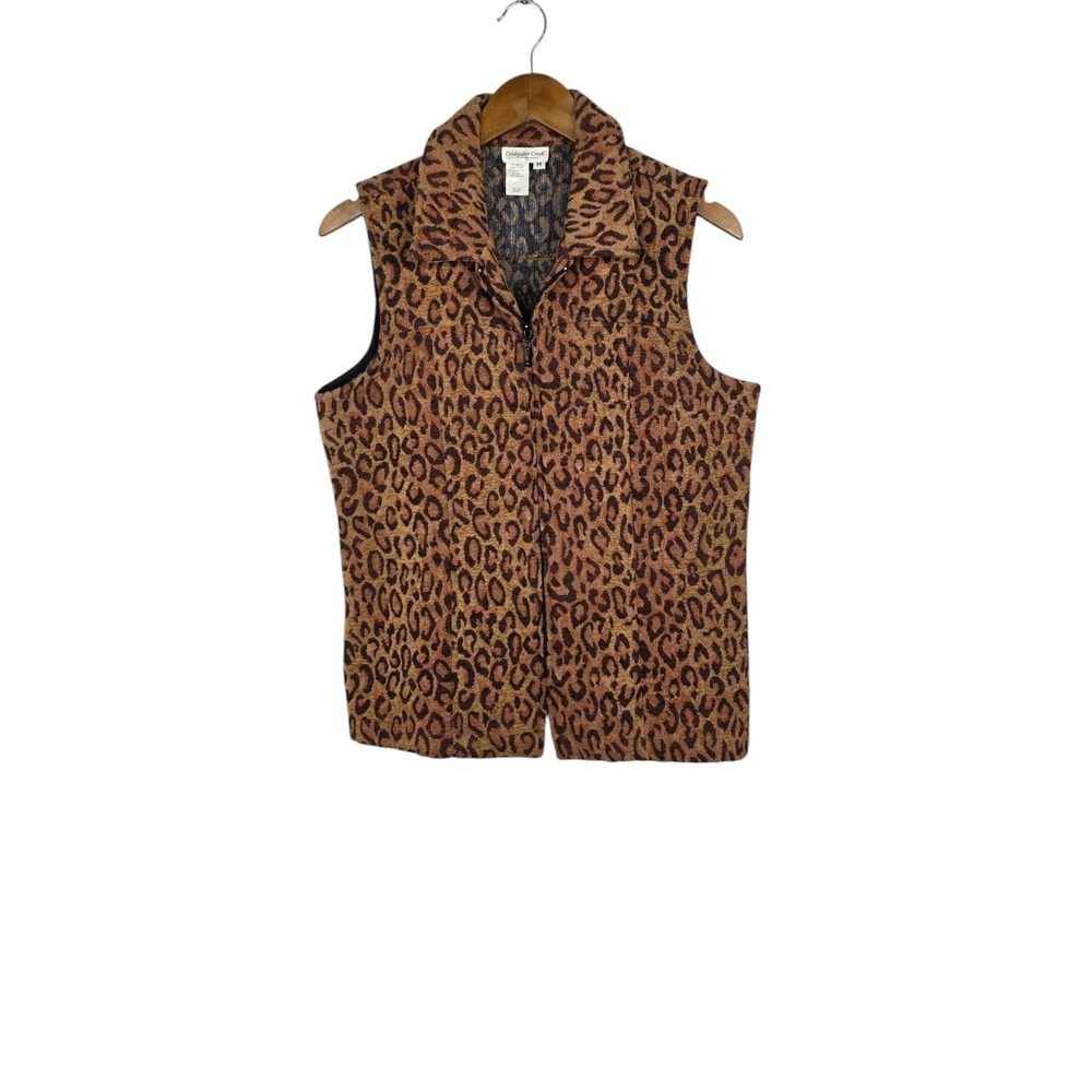 Coldwater Creek Vest Womens M Brown Rayon Leopard Zip Tapestry Boho Chic Vintage
